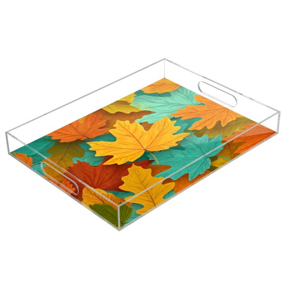 Acrylic Serving Tray 15.7x11.8 Inch Vibrant Maple Leaves Pattern Anti-Spill Decorative Tray with Handles, Countertop Storage Organizer for Kitchen Dining Restaurant Bathroom