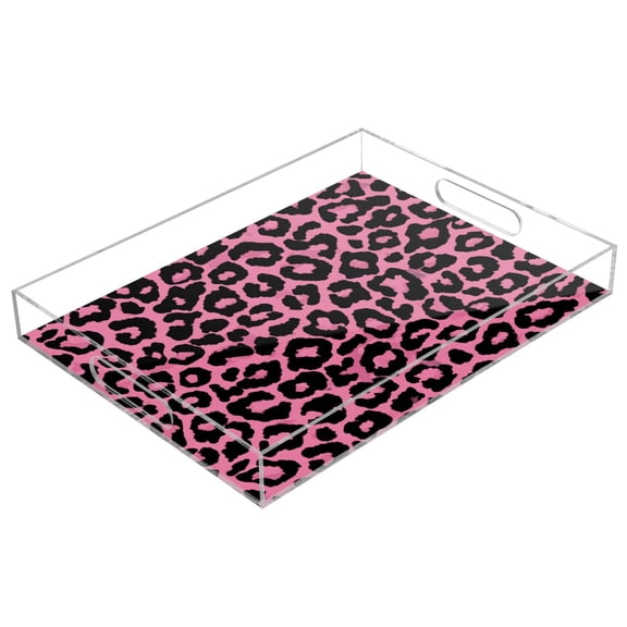 Acrylic Serving Tray 15.7x11.8 Inch Vibrant Pink Black Leopard Pattern Anti-Spill Decorative Tray with Handles, Countertop Storage Organizer for Kitchen Dining Restaurant Bathroom