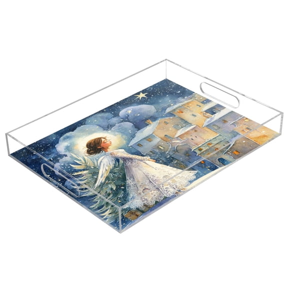 Acrylic Serving Tray 15.7x11.8 Inch Wedding Angel Anti-Spill Decorative Tray with Handles, Countertop Storage Organizer for Kitchen Dining Restaurant Bathroom
