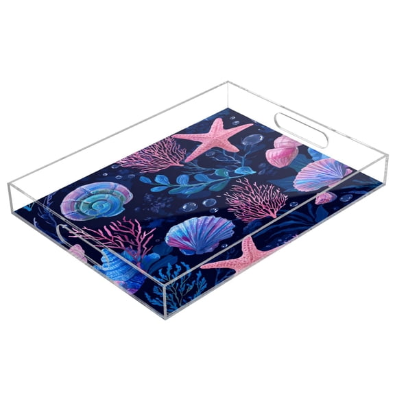Acrylic Serving Tray 15.7x11.8 Inch Whimsical Underwater Ocean Print Anti-Spill Decorative Tray with Handles, Countertop Storage Organizer for Kitchen Dining Restaurant Bathroom