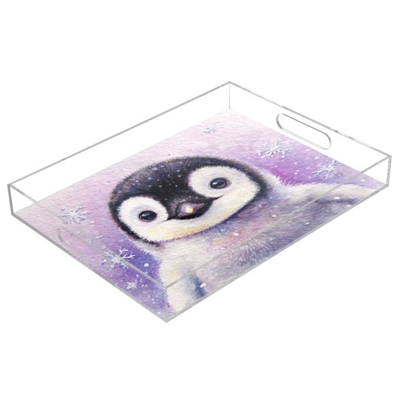 Acrylic Serving Tray 15.7x11.8 Inch Whimsical Winter Penguin Anti-Spill Decorative Tray with Handles, Countertop Storage Organizer for Kitchen Dining Restaurant Bathroom