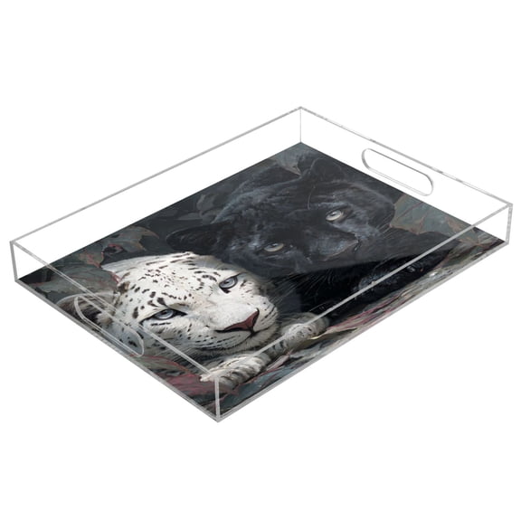 Acrylic Serving Tray 15.7x11.8 Inch White Leopard Black Panther Anti-Spill Decorative Tray with Handles, Countertop Storage Organizer for Kitchen Dining Restaurant Bathroom