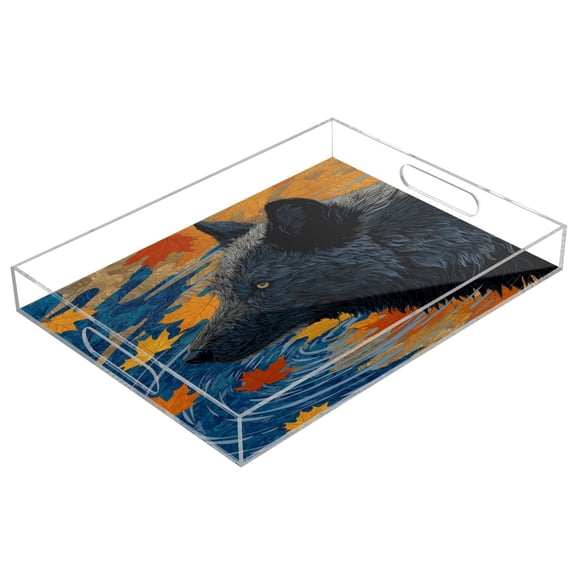 Acrylic Serving Tray 15.7x11.8 Inch Wolf and Falling Leaves Anti-Spill Decorative Tray with Handles, Countertop Storage Organizer for Kitchen Dining Restaurant Bathroom