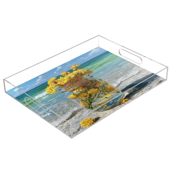 Acrylic Serving Tray 15.7x11.8 Inch Yellow Daisy Glass Jar Anti-Spill Decorative Tray with Handles, Countertop Storage Organizer for Kitchen Dining Restaurant Bathroom