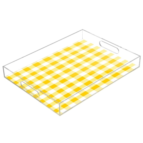 Acrylic Serving Tray 15.7x11.8 Inch Yellow Sunny Checkered Print Anti-Spill Decorative Tray with Handles, Countertop Storage Organizer for Kitchen Dining Restaurant Bathroom