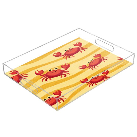 Acrylic Serving Tray 15.7x11.8 Inch Yellow Wave Crab Design Anti-Spill Decorative Tray with Handles, Countertop Storage Organizer for Kitchen Dining Restaurant Bathroom