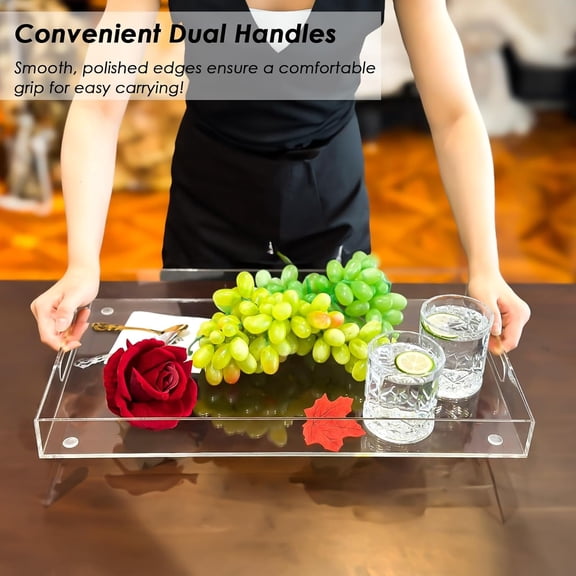 Acrylic Serving Tray with Handles, Extra Large Rectangular Tray for Serving Food, Drinks, Snacks and Appetizer, Outdoor Lucite & Coffee Table Trays, Acrylic Makeup Organizer 12" 20"