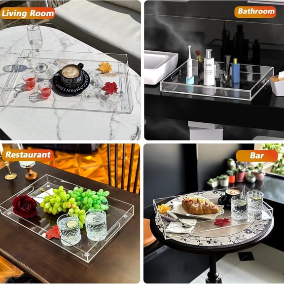 Acrylic Serving Tray with Handles, Extra Large Rectangular Tray for Serving Food, Drinks, Snacks and Appetizer, Outdoor Lucite & Coffee Table Trays, Acrylic Makeup Organizer 12" 20"
