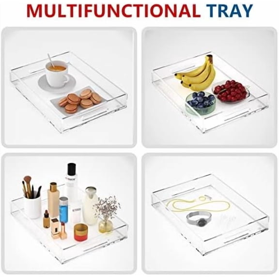 Acrylic Serving Tray with Handles-16x12x2.36Inch-Decorative Tray Letter Tray Organizer for Ottoman Coffee Table Countertop, Clear