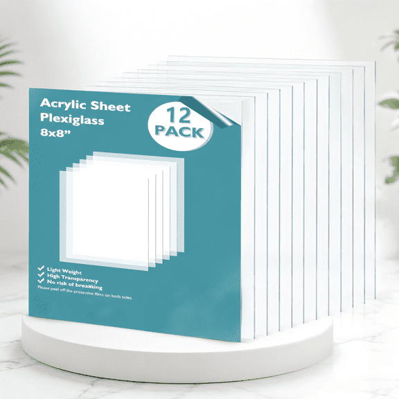 Acrylic Sheets 12 Pack of 8x8’’ 0.04 Thick Clear Plastic Cast Transparent Plexi Glass for Crafting Projects, Replacement Picture Frame Glass, DIY Display, Easy to Cut