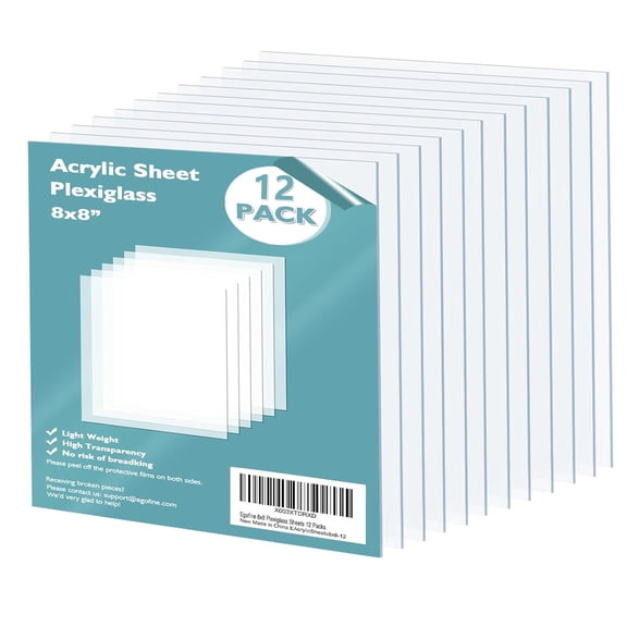 Acrylic Sheets 12 Pack of 8x8’’ 0.04 Thick Clear Plastic Cast Transparent Plexi Glass for Crafting Projects, Replacement Picture Frame Glass, DIY Display, Easy to Cut