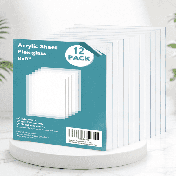 Acrylic Sheets 12 Pack of 8x8’’ 0.04 Thick Clear Plastic Cast Transparent Plexi Glass for Crafting Projects, Replacement Picture Frame Glass, DIY Display, Easy to Cut