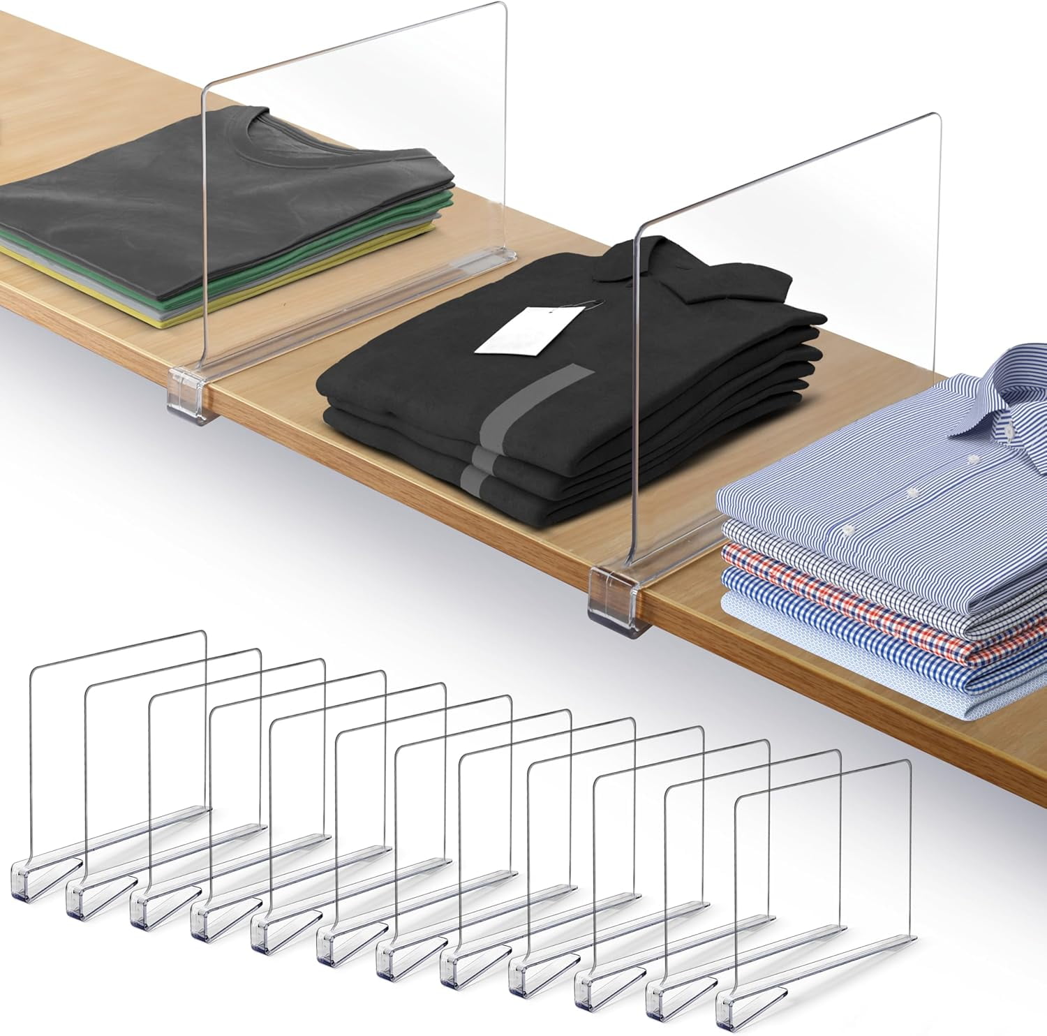 8-Pack Acrylic Shelf Dividers For Closet - 12"x8", Fits Shelves 0.4" To 1" Thick, Clear Organizers