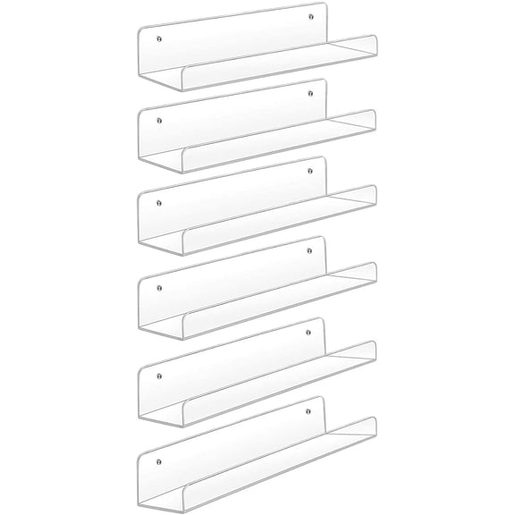 Acrylic Shelves,6 Pack 15 Inch Floating Wall Shelves, Funko Pop Display Shelf,Invisible Kids Book Shelf,Picture Ledge Shelf Decor, Plastic,Clear