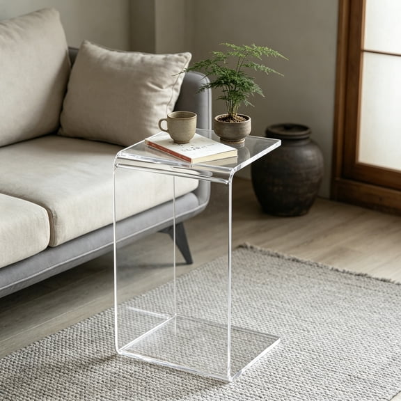 Acrylic Side Table, C-Shape Clear End Table, Modern Acrylic Coffee Table with Waterfall Edges, Nightstand Bedside Table for Living Room, Bedroom and Office, Clear
