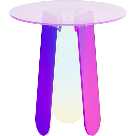 Acrylic Side Table, Iridescent Rainbow Coffee Table with PVC Table Cover, Transparent Acrylic Furniture Round Clear Nightstand, Easy Assembly