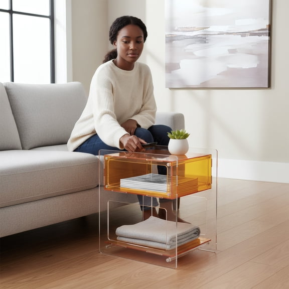 Acrylic Side Table, Orange, End Tables, 3-Tier Storage, Holds 44.09 lbs, Space Saving, for Living Room, Bedroom, Sofa, Coffee, Entryway, Easy to Clean