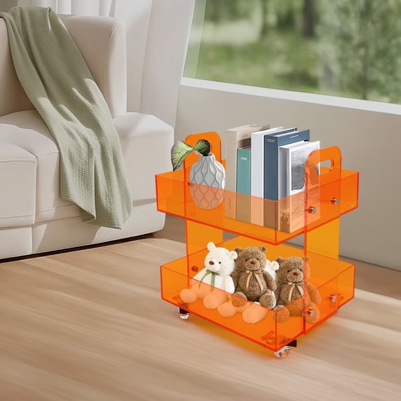 Acrylic Side Table, Rolling Cart, Storage Rack, 2 Tier Mobile Utility Cart with Wheels and Brakes, Orange, 44 lbs Capacity, for Books, Coffee Cups, Living Room, Kitchen