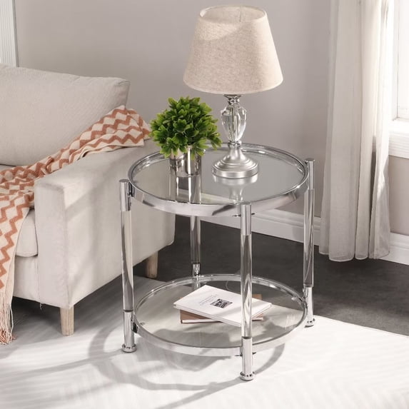 Acrylic Side Table, Round Glass End Table with Tempered Glass Top and Silver Metal Edge, Clear Small Bedside Tables Nightstand with Storage Shelf, 2-Tier Circular Accent Table, Chrome