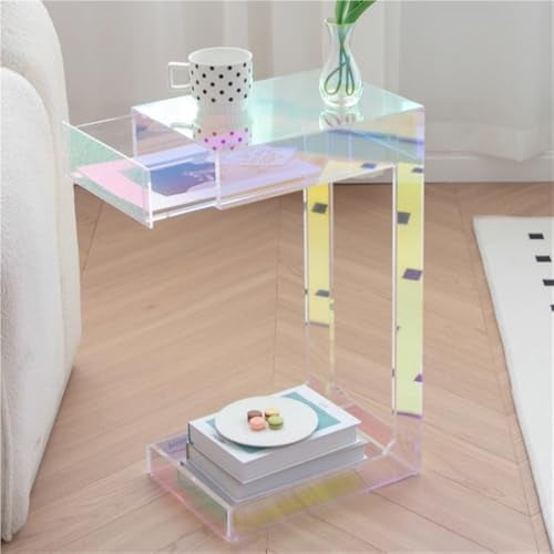 Acrylic Side Table with Integrated Base, Iridescent End Table, C-Shape Nightstand, Rainbow Coffee Table for Living Room, Bedroom$$Furniture
