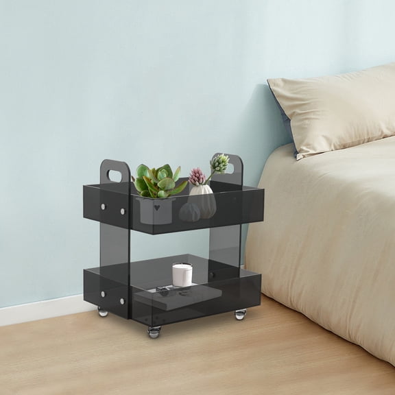 Acrylic Side Table with Wheels, 2-Tier Rolling Utility Cart, Mobile Storage Cart For Living Room, Home Office, Bedside, Black, 44 Lbs Capacity