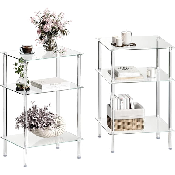 Acrylic Side Tables Set of 2 with 3-Tier Transparent Storage Shelves, Clear Rectangular End Tables for Bedroom, Living Room, or Office