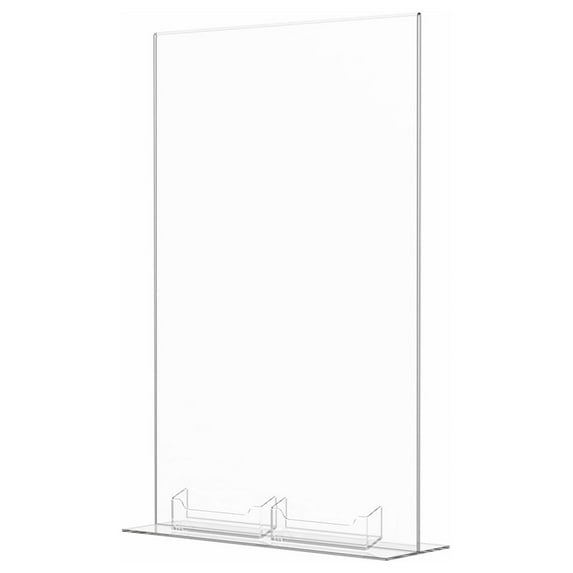 Acrylic Sign Holder for 11" x 17" Literature Stand Up Frame with Two 3.5" x 2" Card Slots Bottom Load Clear Display for Countertops in Stores and Reception Areas