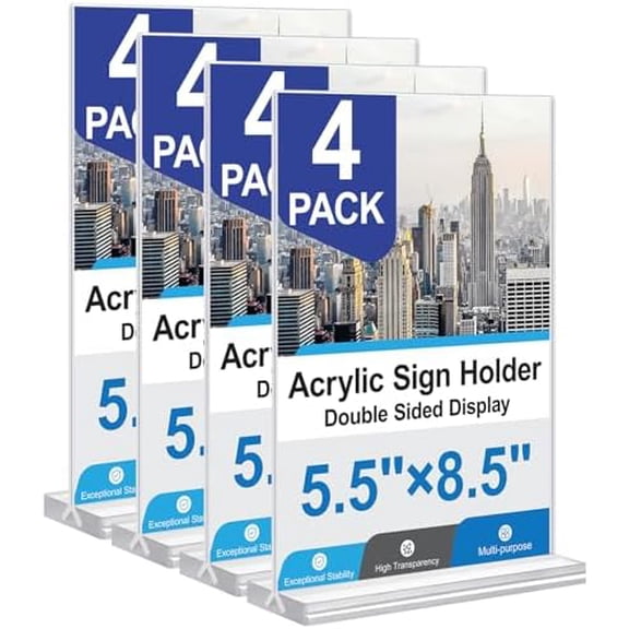 Acrylic Sign Holder 5.5x8.5 Inches 4 Pack, Double Sided Clear Display Stand Table Top Sign Paper Holder, Vertical Menu Flyer Holder, Plastic Sign Frame for Stores, Restaurants, Hotels, Office