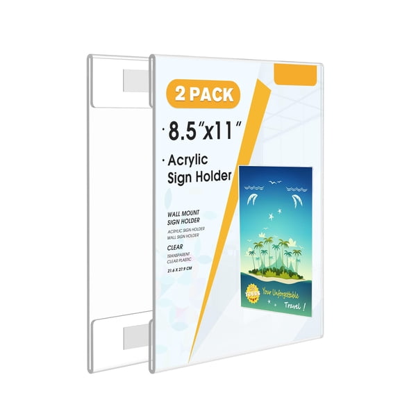Acrylic Sign Holder 8.5 x 11, Clear Plastic Wall Mount Sign Holder with Double Sided Tape, Side Loading Paper Poster Frame for Office Home Store Restaurant Menu Flyer Document Display, 2 Pack, Clear