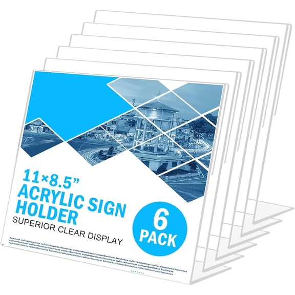 Acrylic Sign Holder 8.5 x 11 Horizontal 6 Pack Slant Back Acrylic Stands for Display Plexiglass Clear Acrylic Display Stands for Ad Frame, Picture Photo Frames, Promotions, Restaurants, Office
