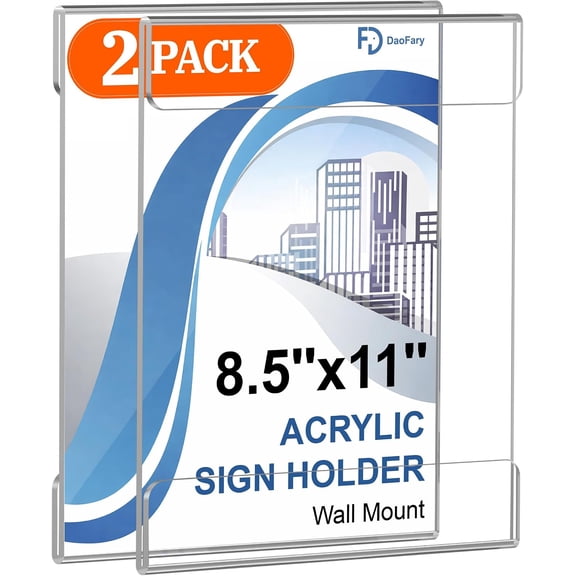 Acrylic Sign Holder 8.5 x 11 Wall Mount 2 Pack, acrylic wall frame with Tape Adhesive, Clear Plastic Sign Holders for Office, Home, Business Store