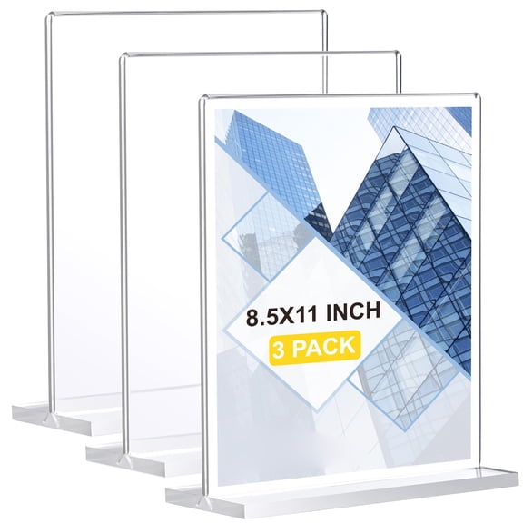 Acrylic Sign Holder 8.5x11 Inch 3 Pack, Clear Vertical Double Sided Stand for Store Displays, Vendor Booth, Restaurant Menu Board, Office Signage, Clear