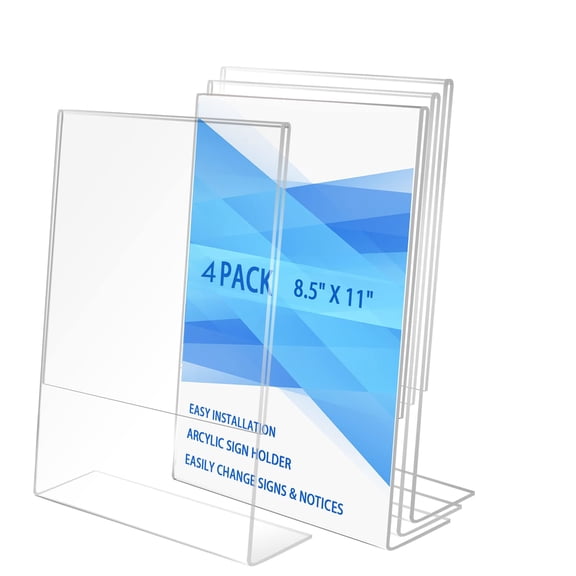 Acrylic Sign Holder Stand, 8.5x11 Inches Slant Back Display, Plastic Table Top Brochure Holder for Office, Restaurant, Store, Home, 4 Pack, Clear