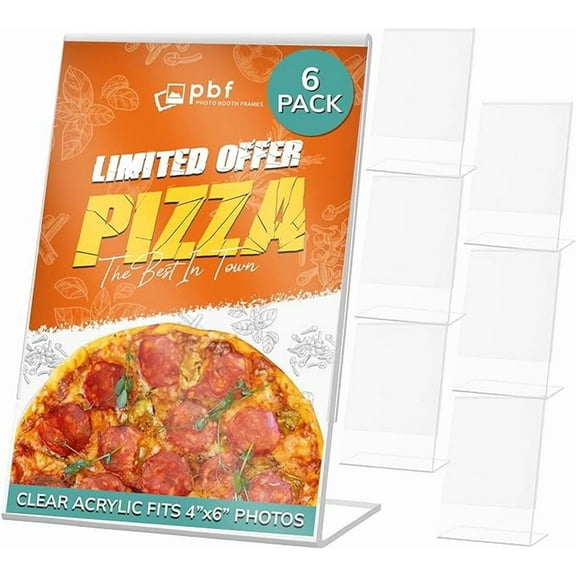 4x6 inch Acrylic Sign Holder | Vertical Stand Up Slanted Sign Holder | Acrylic Stands for Display | Clear Picture Frame, Menu Table Top Stand, Plastic Flyer Holder (6-Pack)