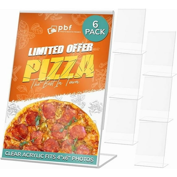 4x6 inch Acrylic Sign Holder | Vertical Stand Up Slanted Sign Holder | Acrylic Stands for Display | Clear Picture Frame, Menu Table Top Stand, Plastic Flyer Holder (6-Pack)