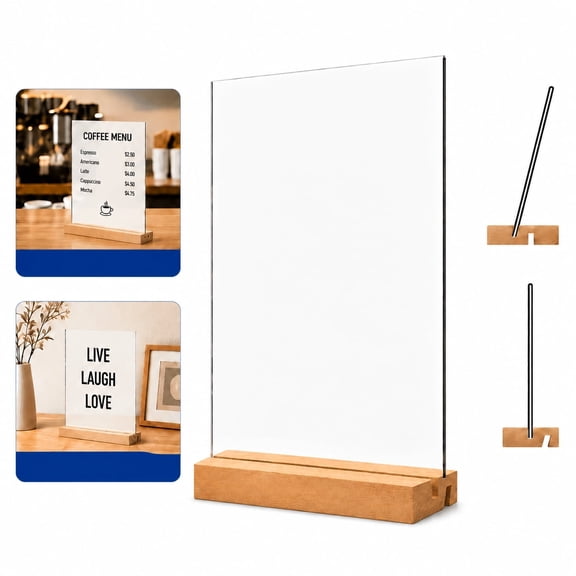 Wood Base Acrylic Tabletop Display Stands 2 Count, 8.5x11 Inch Vertical/Slanted Sign Holders for Restaurant Menu, Office Flyer & Retail Price Cards