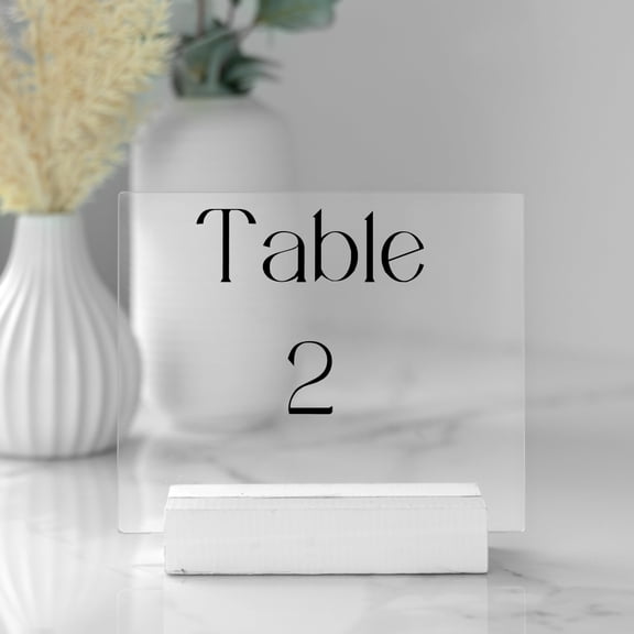 Acrylic Sign Holders with White Wood Stands, 8 Pack - Small 5x6 Inch Blank Table Numbers Set for Wedding