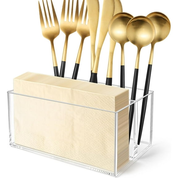 Acrylic Silverware Caddy Cutlery Holder 4 Compartments Tableware Storage Box for Napkin, Knife Spoon and Fork Holder 7.1 x 4.6 x 3.1 inches