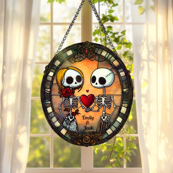 Acrylic Skeleton Couple Suncatcher Window Hanging Decoration Home Decor Romantic Heart Gothic Halloween Personalized Name Gift