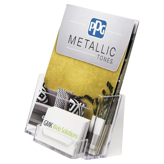 - Acrylic Slant Back Bifold Brochure Holder 6x9 with Business Card Pocket - Plastic Half Page Booklet, Catalogue, Letterhead, Flyer, Postcard, Pamphlet Display Stand - LHF-P110 (Pack of 4)