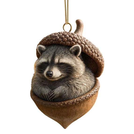 Acrylic Sleeping Raccoon in Acorn Hanging Ornament 2.5 Inch, Cute Forest Animal Pendant for Christmas Tree Home Decor