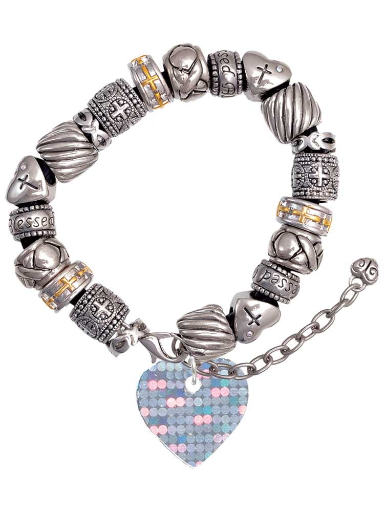 Acrylic Small Hologram Heart Silver Tone Christian Bead Bracelet