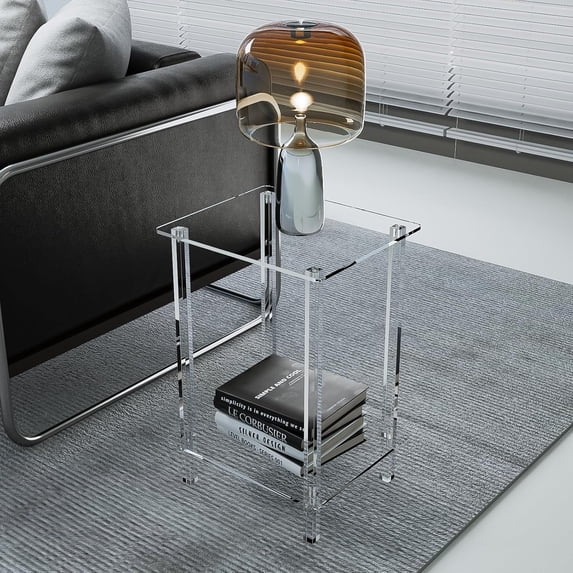 Acrylic Small Side Table with Square Leg - 13.4'' L x 11.5'' W x 19.6'' H - Small Nightstand Bedside Table 2-Tier Clear End Table for Living Room, Bedroom
