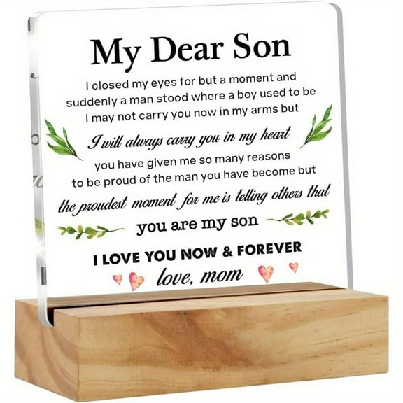 Acrylic To My Son Desk Plaque Sign - Heartwarming Gift From Mom With Wood Stand Inspirational Quote Green Leaves Home Office Decor Keepsake For Christmas Mother'S Day Father'S Day Indoor/Outdoor