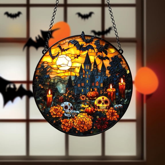 Acrylic Spooky Castle Pumpkin Suncatcher | Round Haunted Mansion Window Sun Catcher Ornament, Gothic Halloween Night Moon Decor Scene