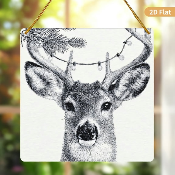 Acrylic Square Hanging Ornament 8x8 inch Stippled Deer Head with Pine Branches and Christmas Lights Design Clear Acrylic Material 1 Pack for Wall Decor Door Sign Home Decoration
