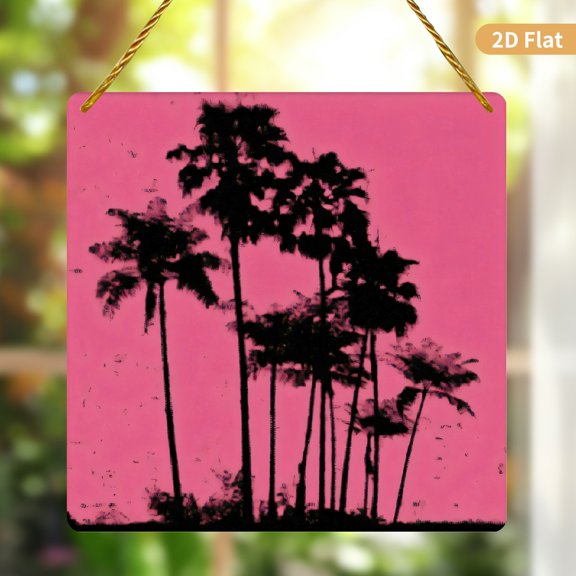 Acrylic Square Hanging Ornament 8x8 inch Tropical Palm Tree Silhouette Design Pink Background Clear Acrylic Wall Decor 1 Pack for Home Living Room and Office Decoration