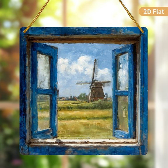Acrylic Square Hanging Ornament 8x8 inch Windmill View Through Blue Window Frame Design Acrylic Material 1 Pack for Home Decor Wall Hanging and Window Decoration