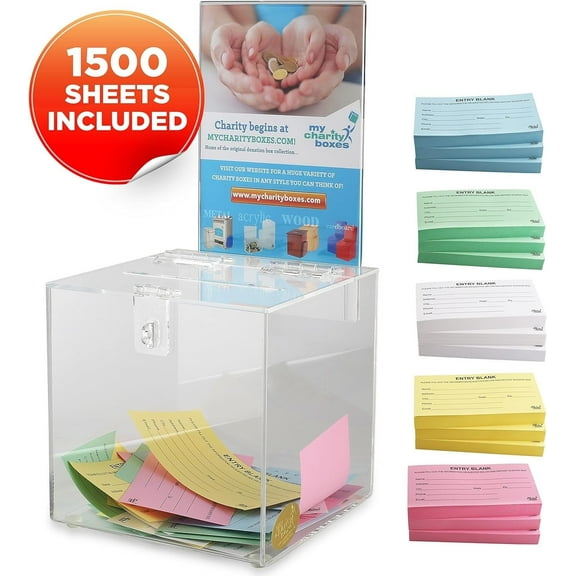 Acrylic Square ticket Raffle Box Removable Display Sign Holder Charity Donation Ballot Box Suggestion Box Plastic Plexiglass Comment Collection Box With 1500 Multicolor sheetsClear Box 6.25" X 6.25"
