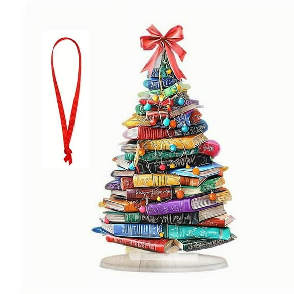Acrylic Stack of Books Christmas Trees Signs, Book Stack Christmas Tree Desktop Decoration, Desktoptree Ornament Bookish Gifts for Book Lovers, Librarians, Reader, Bookworm